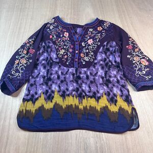 Boho Embroidered Tunic Top Purple Multicolor Long Sleeve Womens Size L/XL